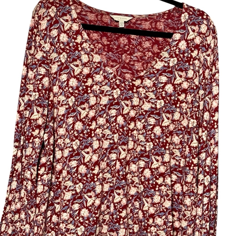 Lucky Brand Floral Burgundy Contrast Border Long Bell Sleeve Lightweight Blouse - Picture 3 of 9
